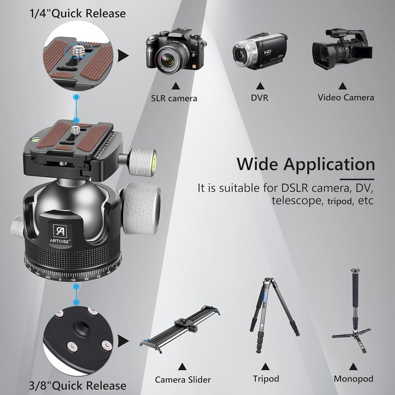ARTCISE 55mm Low Profile Ball Head Tripod Ball Head KB55 Heavy Duty Tripod Head All Metal CNC Machining with Three 1/4" Quick Release Plates for Tripod, Monopod, DSLR, Camcorder, Max Load 88lbs /40kg - Image 5